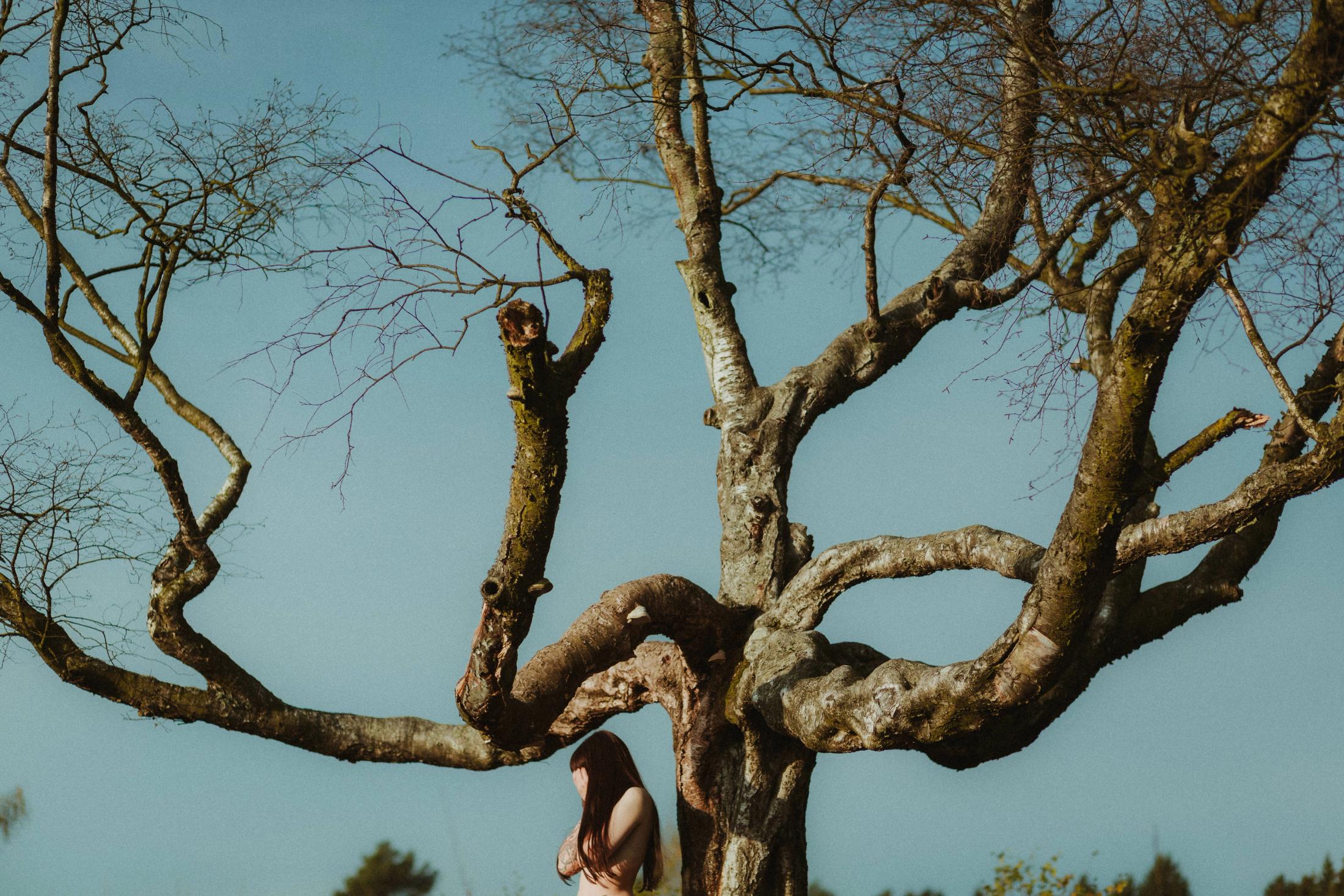 Woman standing beneath the branches of a large tree