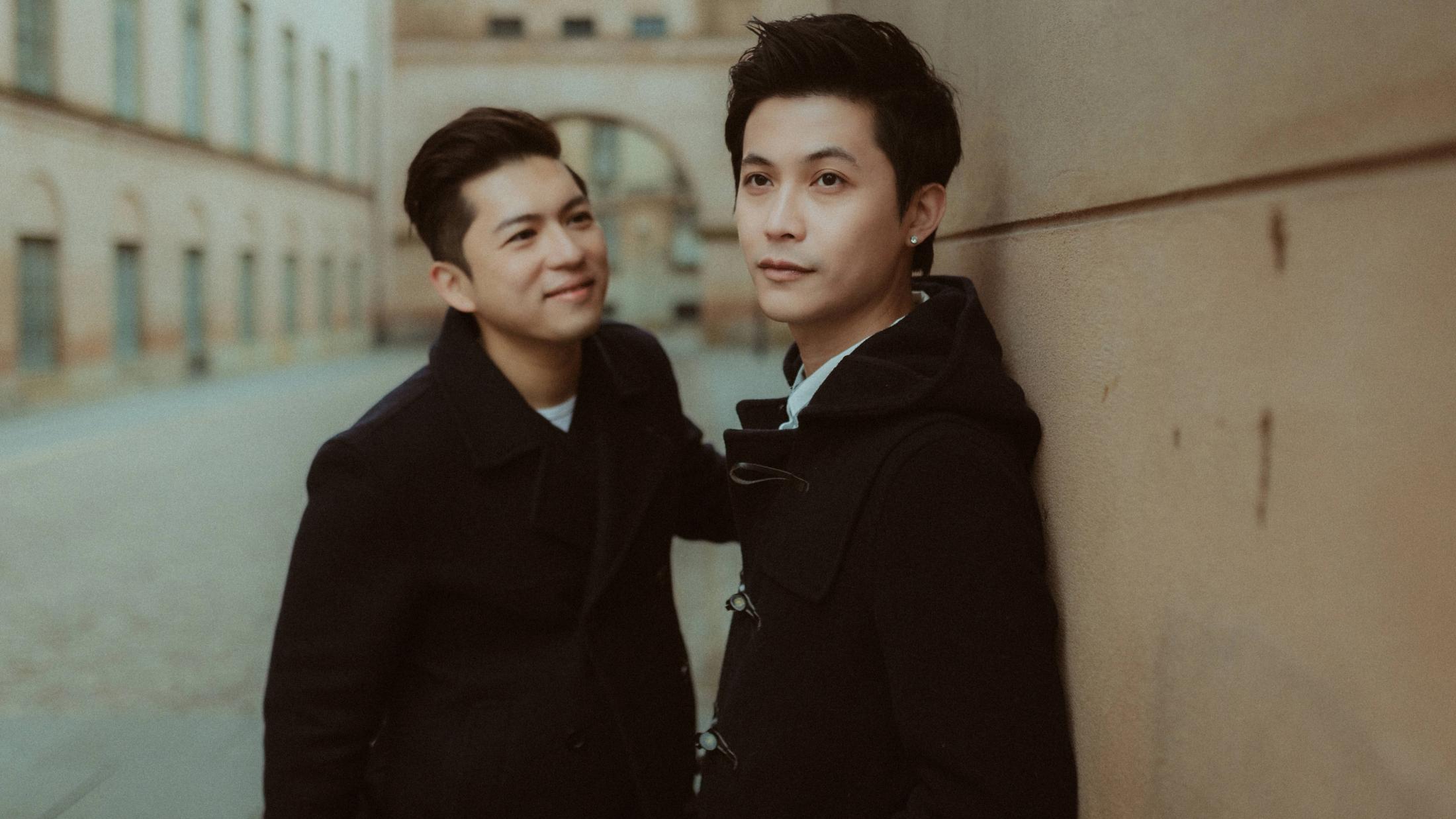 Kevin and Terence stand close together during their morning portraits in Copenhagen.