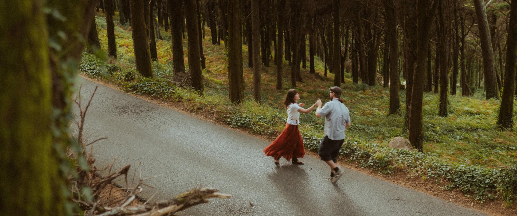 Ana and Till dance Lindy Hop on an empty forest road near Sintra.