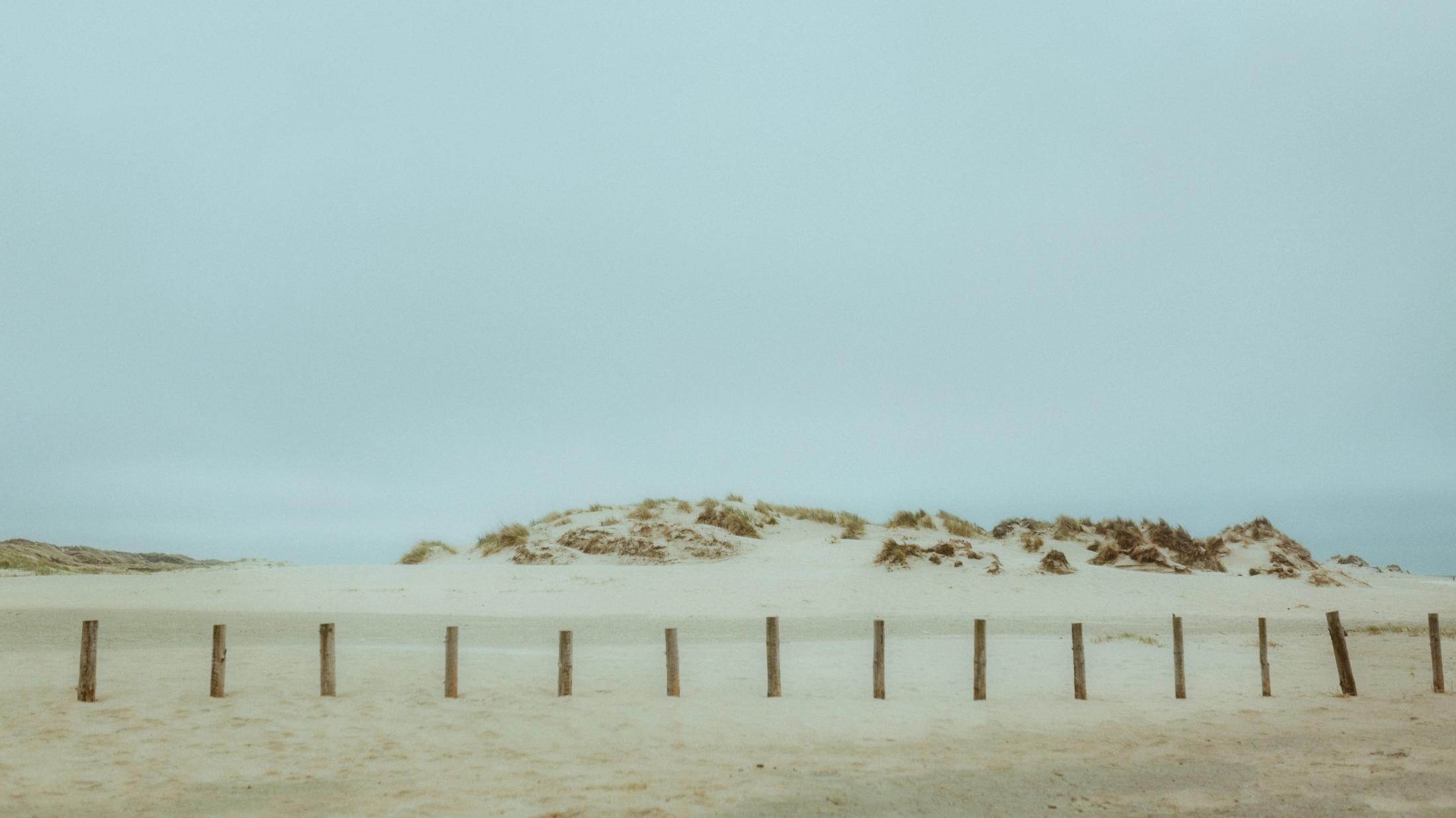 Leere helle Dünen unter bedecktem Himmel auf Rømø, davor eine Reihe Holzpfosten im Sand.