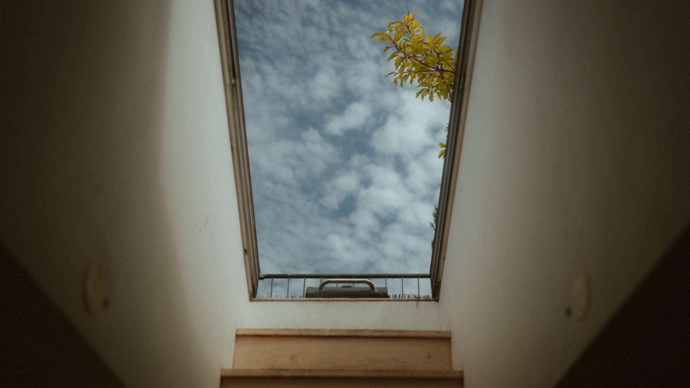 A bookshop skylight framing blue sky and clouds above Berlin.