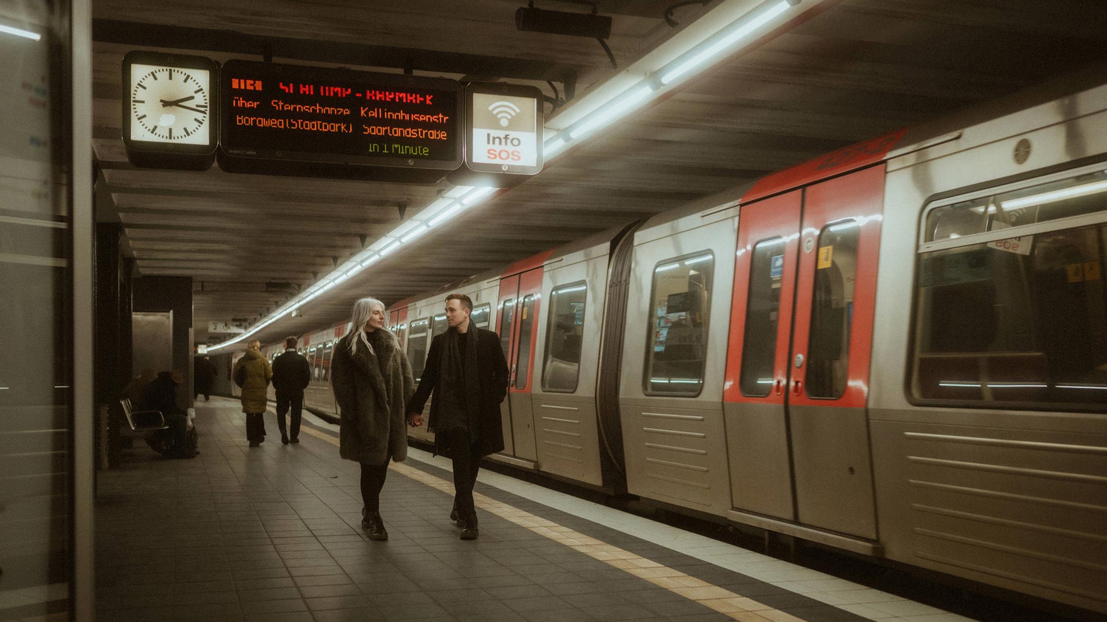 Lorelai and Steffen walk beside a red and silver Hamburg U-Bahn train.