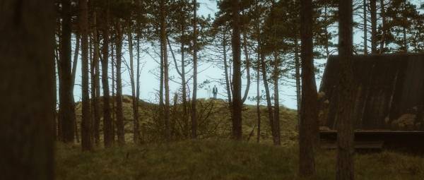 Nina and Torben stand in a clearing beyond dark pine trunks in the forest on Rømø.