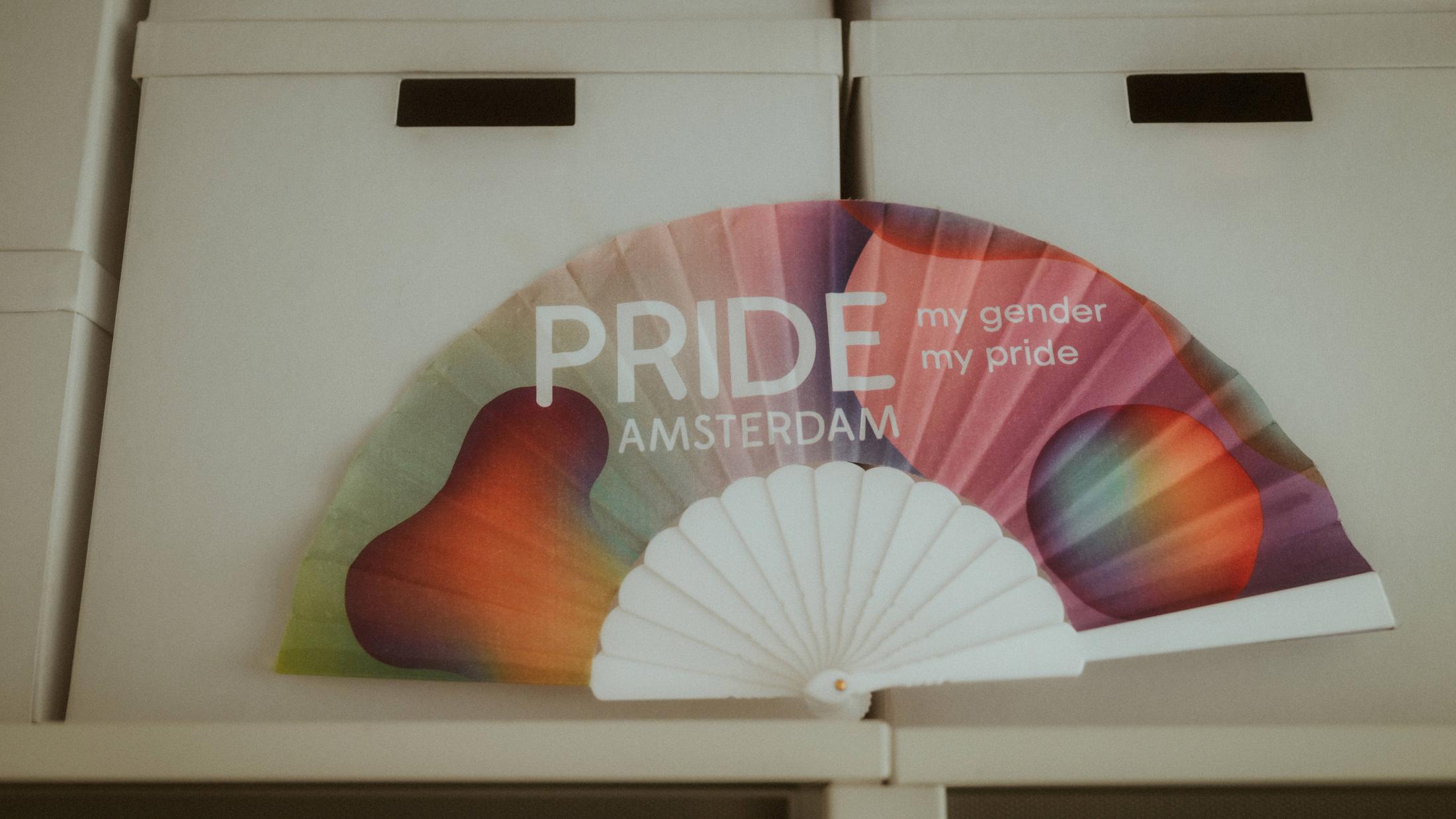 A rainbow Pride fan displayed on a shelf in Noah and Michèle's Berlin room.