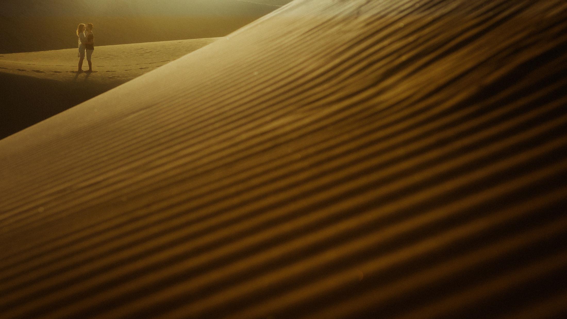 Ribbed dune lines with a tiny cropped figure at the upper edge.