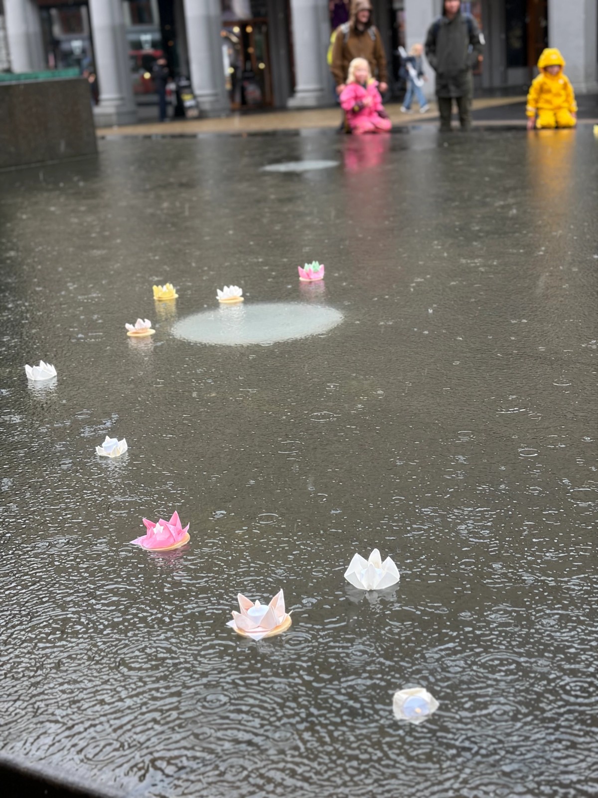 Små lotusblomster av farget papir flyter rundt i en fontene midt på Torgallmenningen i Bergen. Det regner, og folk står i regntøy og ser på blomstene.