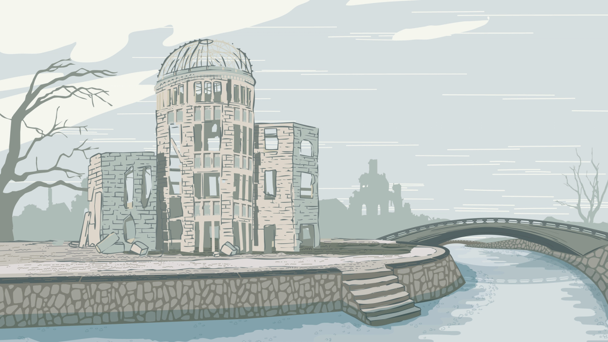 Illustrasjon som viser den ødelagte domen som sto igjen etter atomvåpenangrepet i Hiroshima. Illustrasjonen har dystre farger, og omgivelsene ser døde ut.