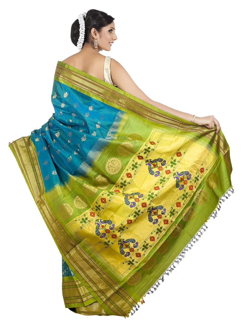 A blue-and-green Paithani silk saree with peacock motifs on the pallu