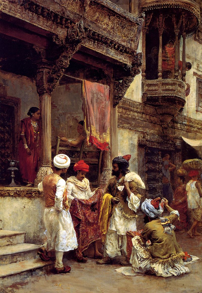 Edwin Lord Weeks, "The Silk Merchants" — an 1880s painting of Indian silk traders