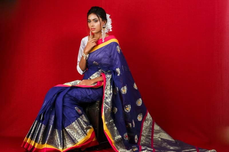 A blue and yellow Chanderi saree with delicate butis