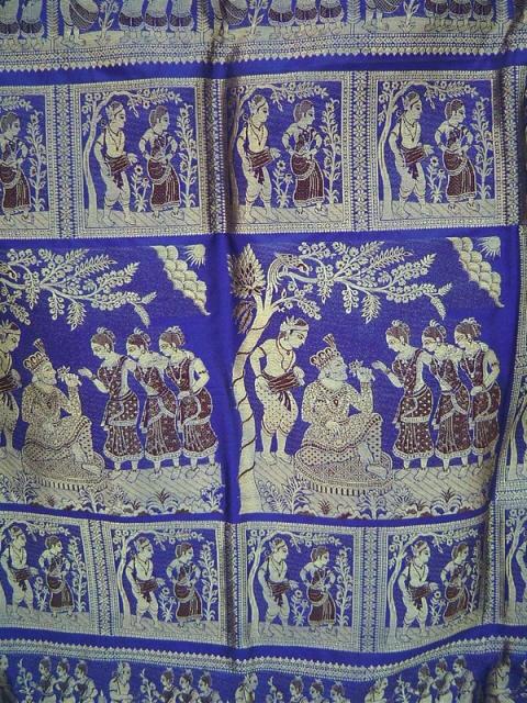 A deep-blue Baluchari silk saree from Bishnupur with figural narrative motifs on the pallu