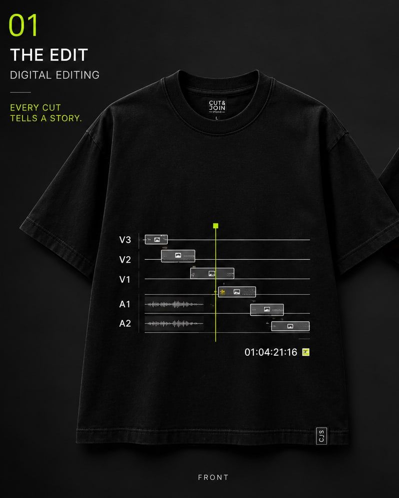 Front of the black 01 THE EDIT T-shirt with timeline artwork