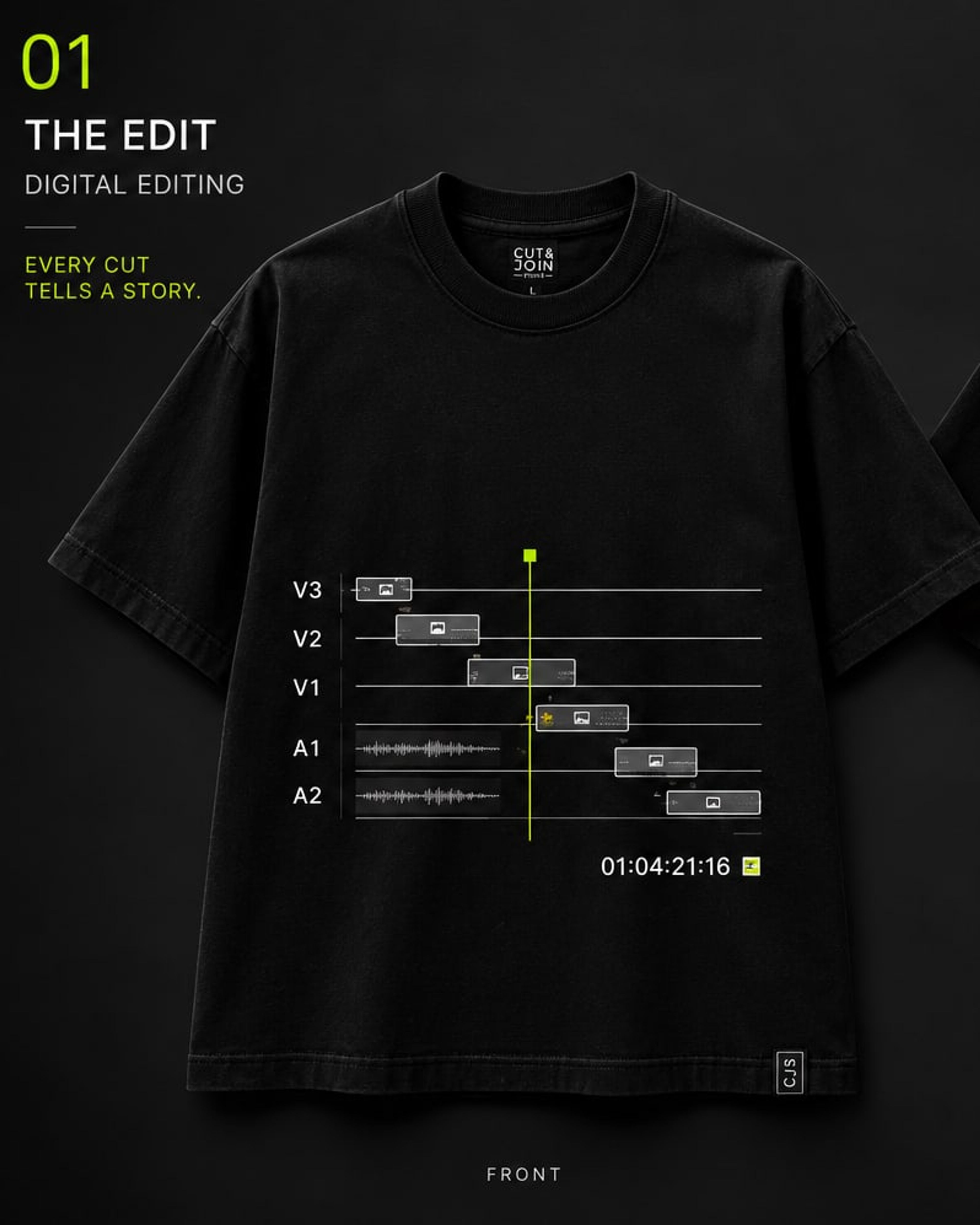 Front of the black 01 THE EDIT T-shirt with timeline artwork