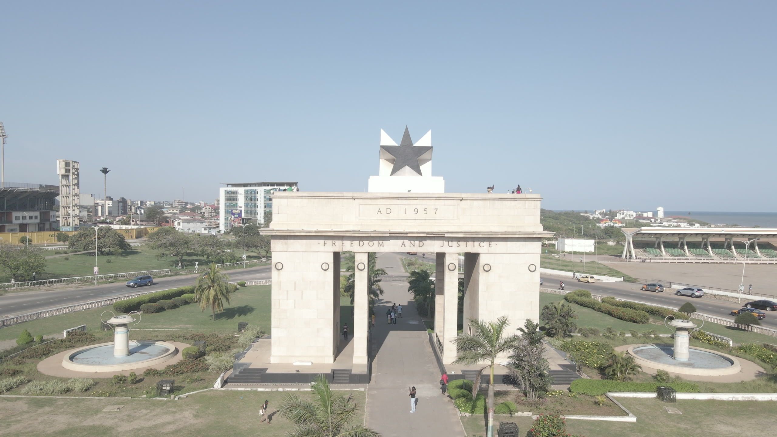 Aerial view of the Independence Arch at Black Star Square in Accra