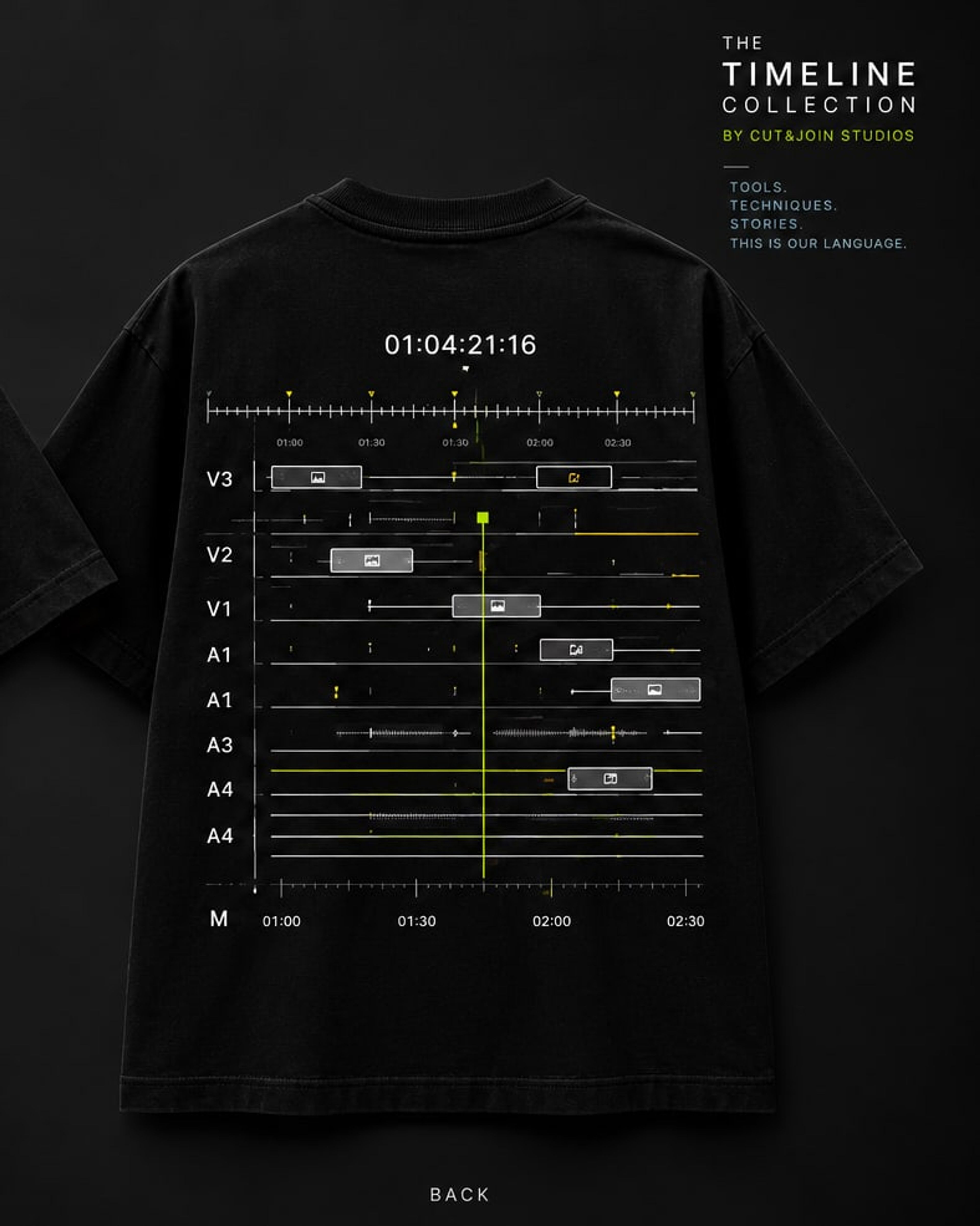 Back of the black 01 THE EDIT T-shirt with timeline artwork