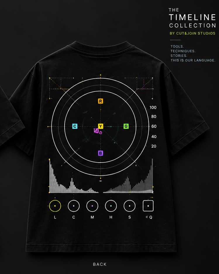 Back of the black 02 THE GRADE T-shirt with colour wheels and scopes artwork