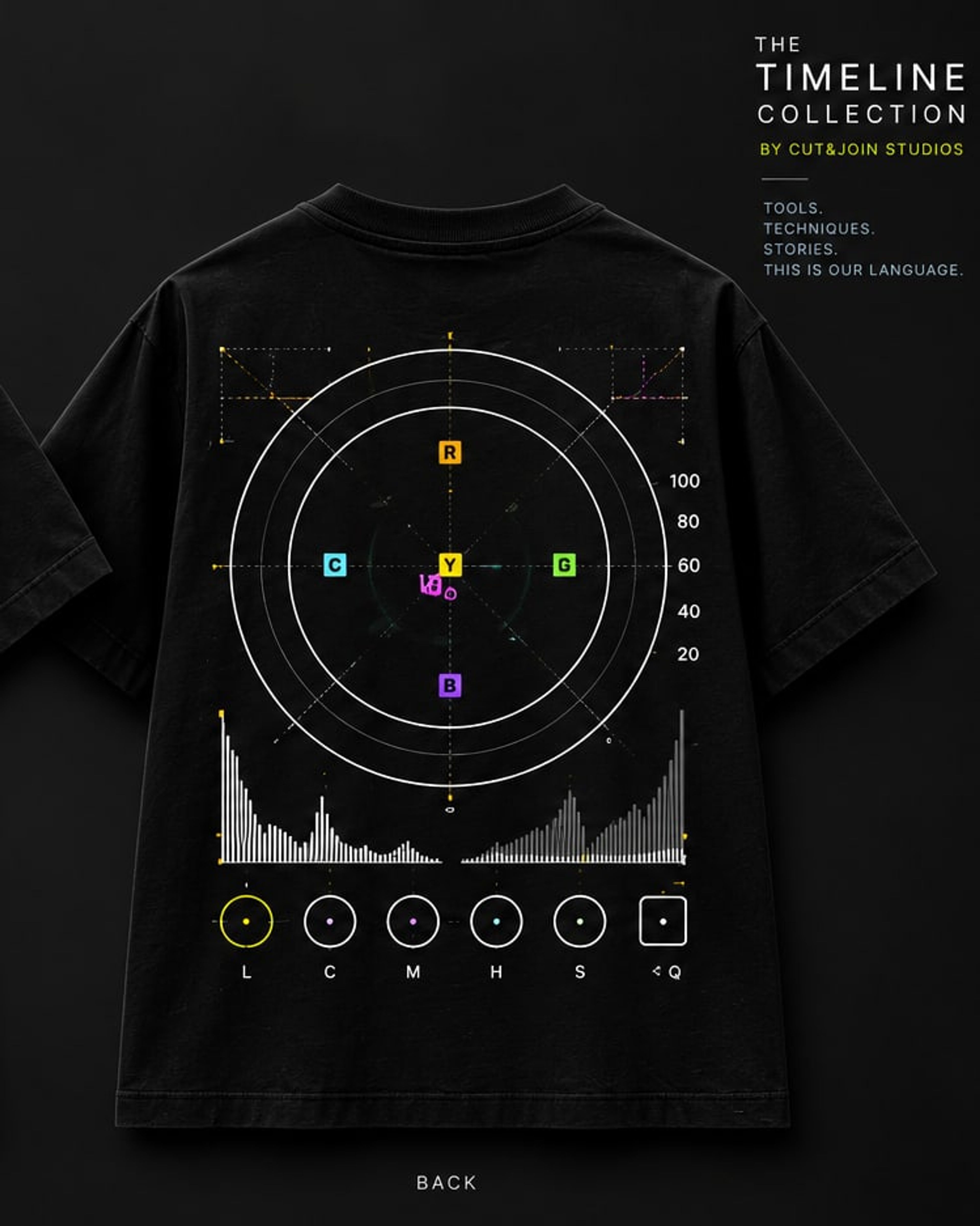Back of the black 02 THE GRADE T-shirt with colour wheels and scopes artwork
