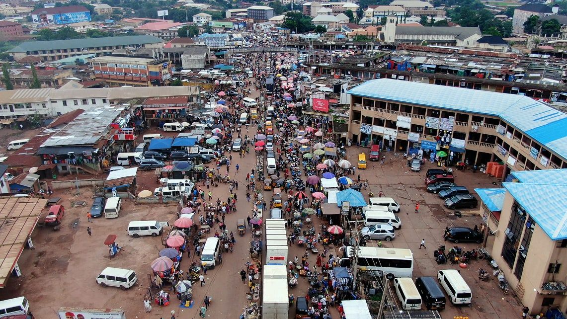 Aerial view of a crowded open-air market