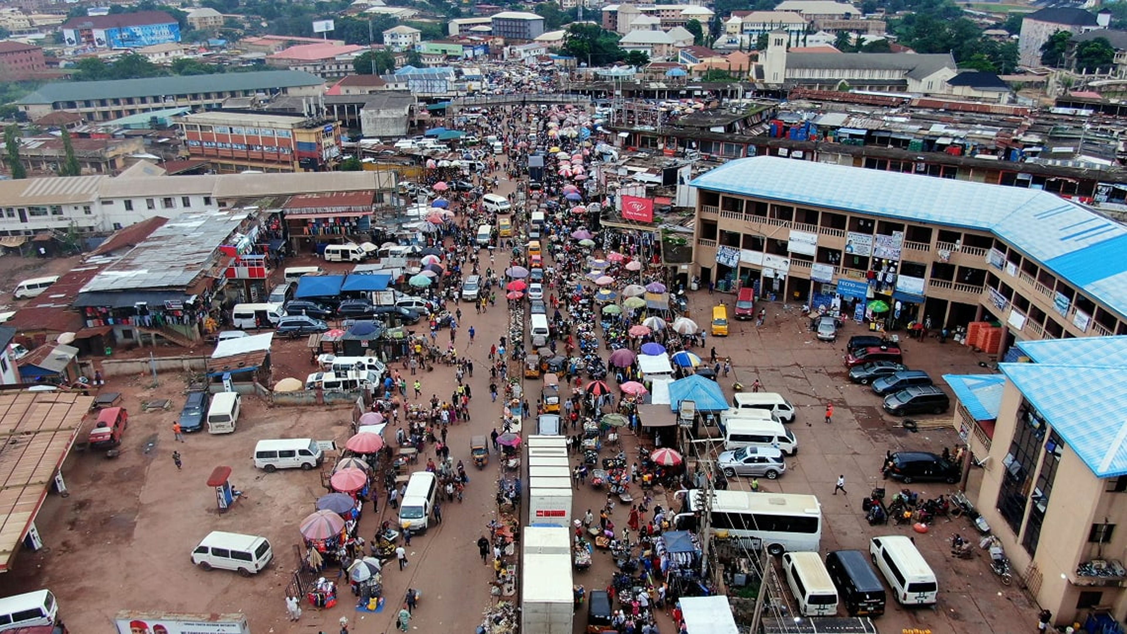 Aerial view of a crowded open-air market
