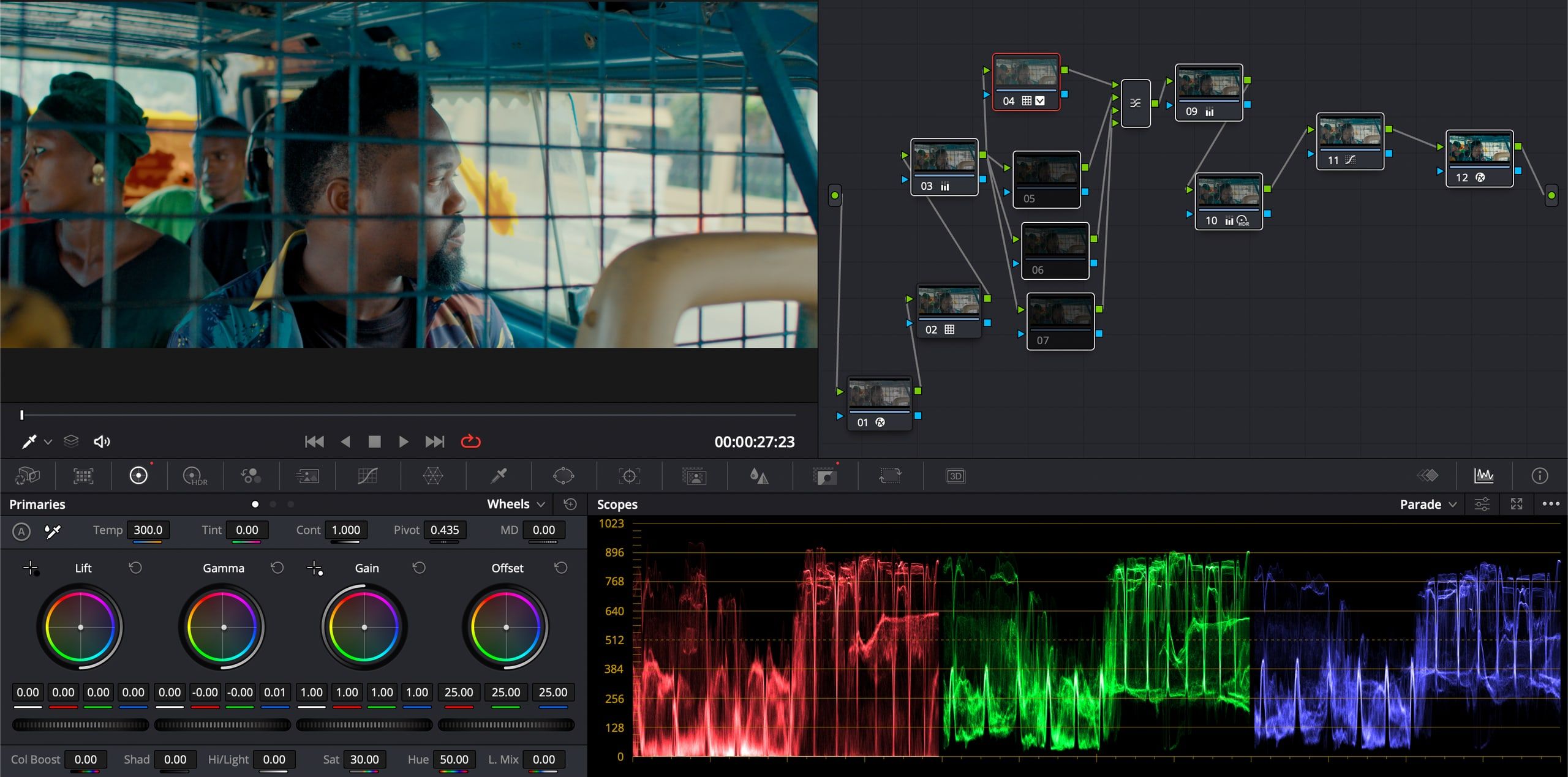 DaVinci Resolve colour page with node graph and scopes