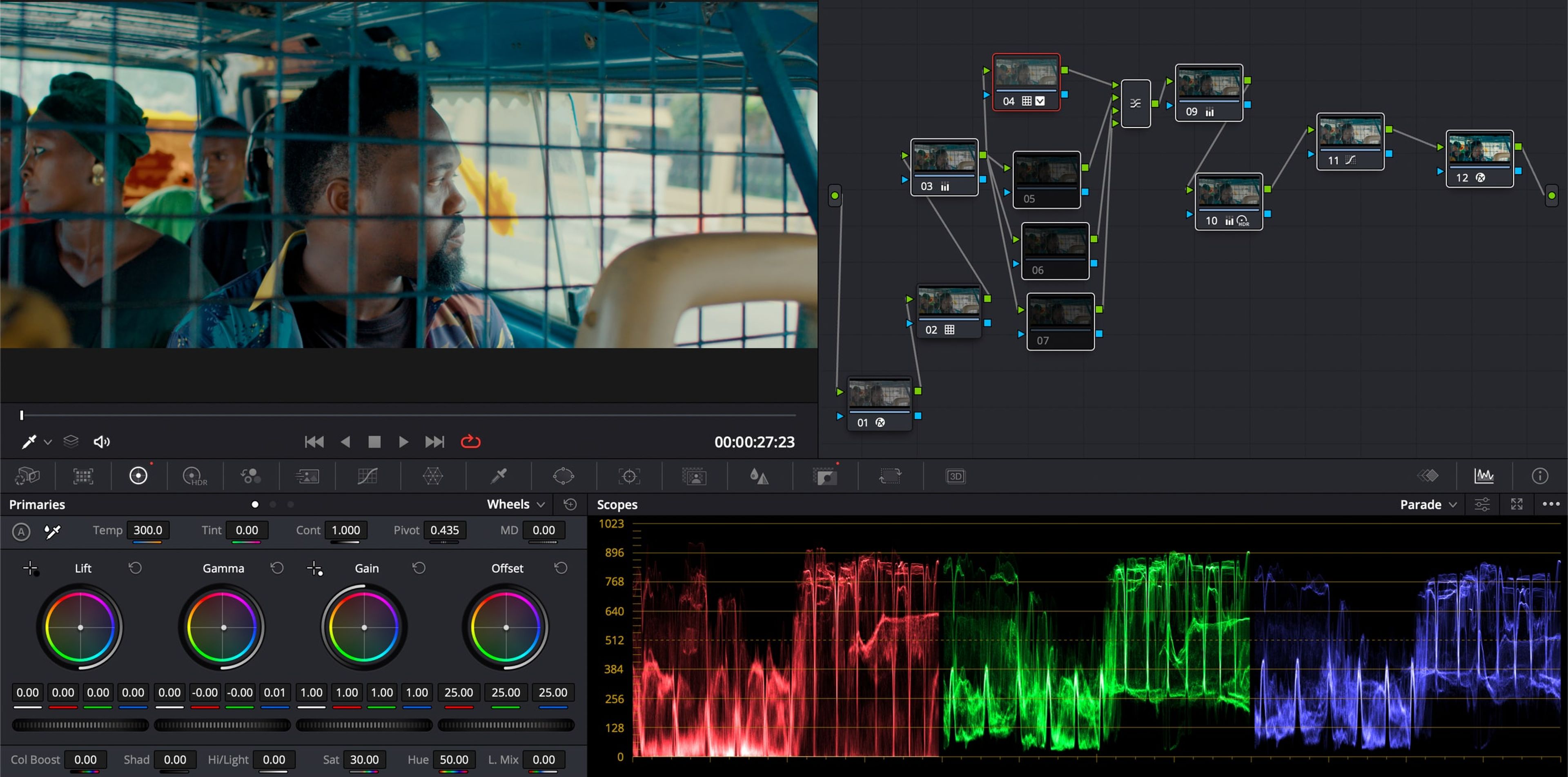 DaVinci Resolve colour page with node graph and scopes