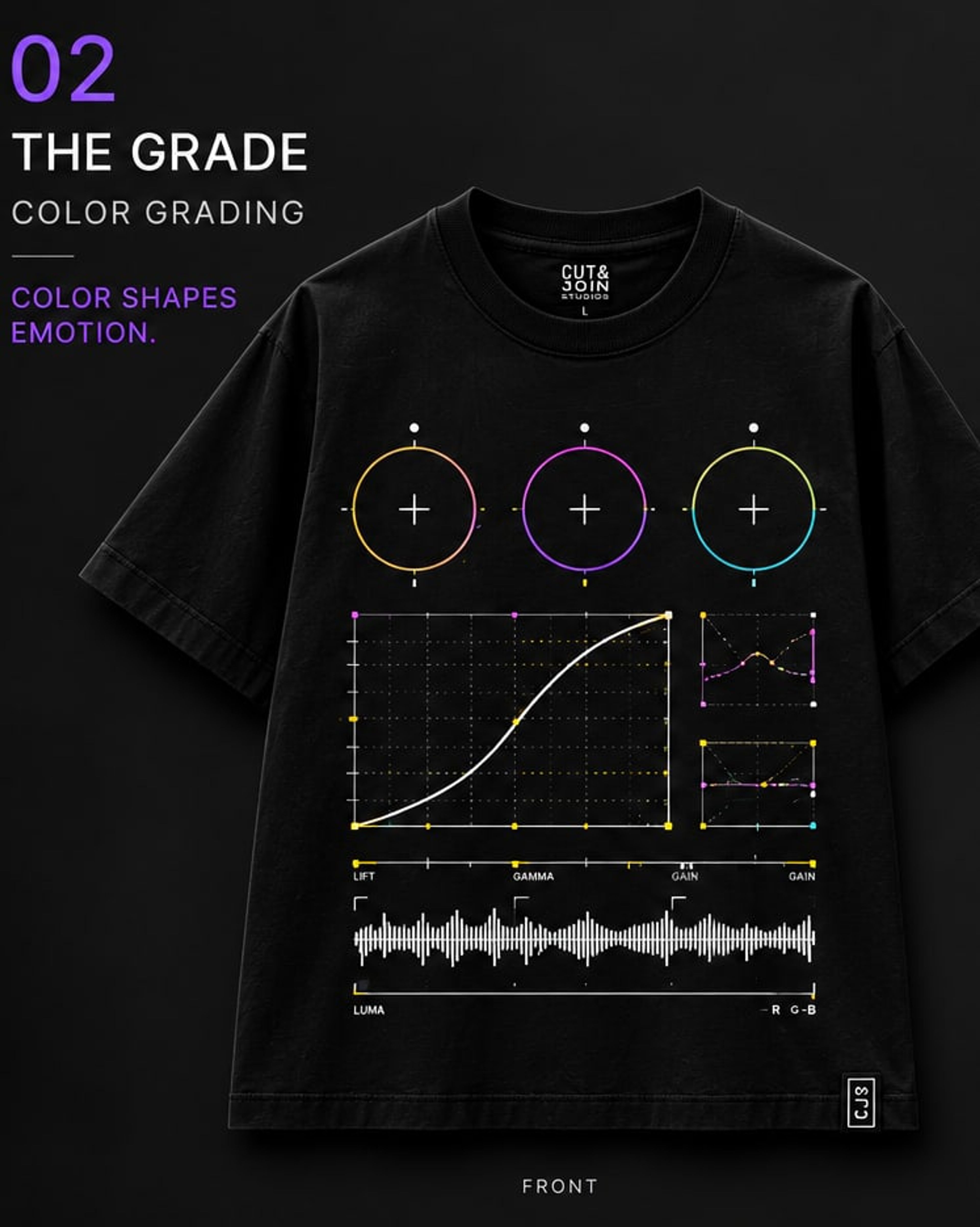 Front of the black 02 THE GRADE T-shirt with colour wheels and scopes artwork
