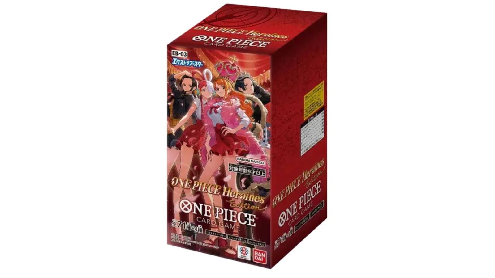 Booster Box giapponese One Piece Card Game EB-03 Heroines Edition, confezione rossa con illustrazione delle eroine Nami, Robin, Hancock e Uta sul fronte.