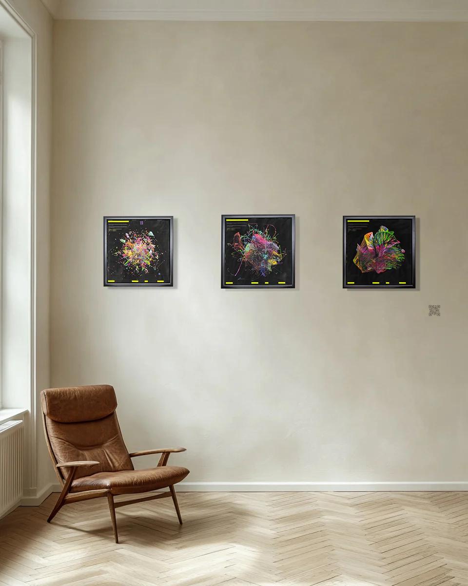 Refik Anadol Data Universe works shown together on a room wall