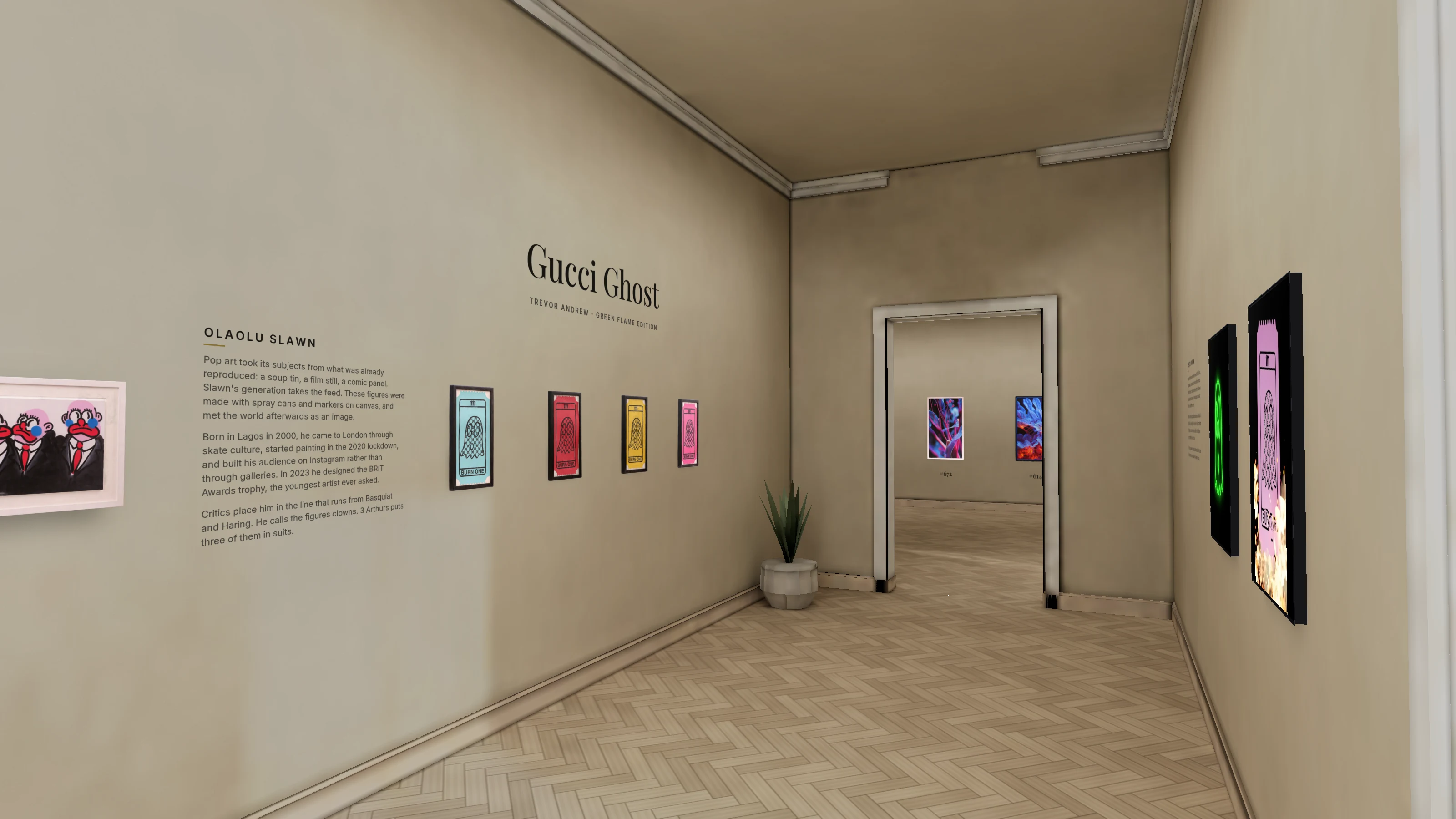 The entry corridor of the Galerie Midl 3D gallery: Olaolu Slawn's 3 Arthurs and the Slawn wall text on the left, Trevor Andrew's four Gucci Ghost colours beside them, their digital editions on screens opposite, and the main room through the doorway at the end.