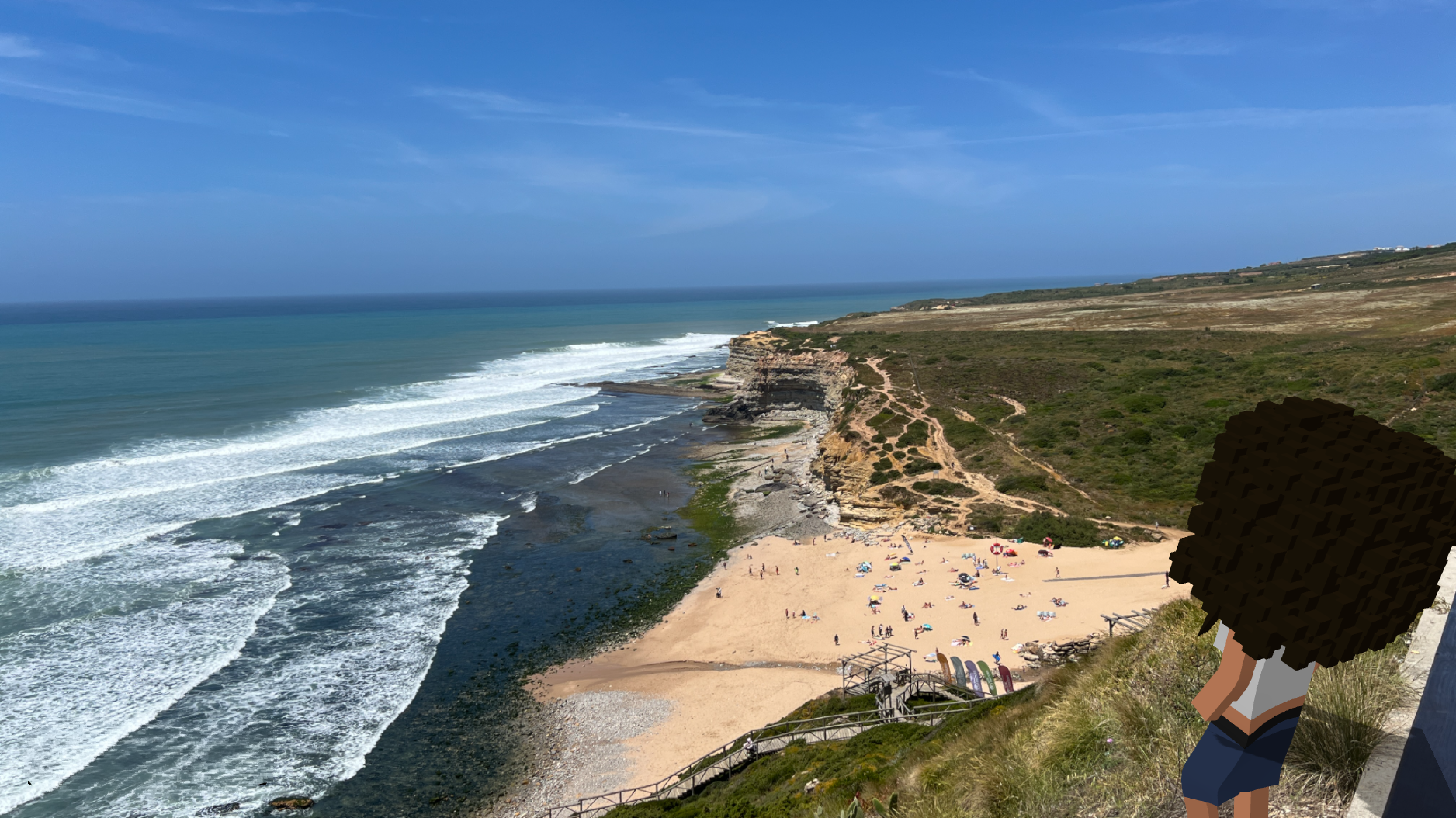 High waves and surfers on the beach near Ericeira.