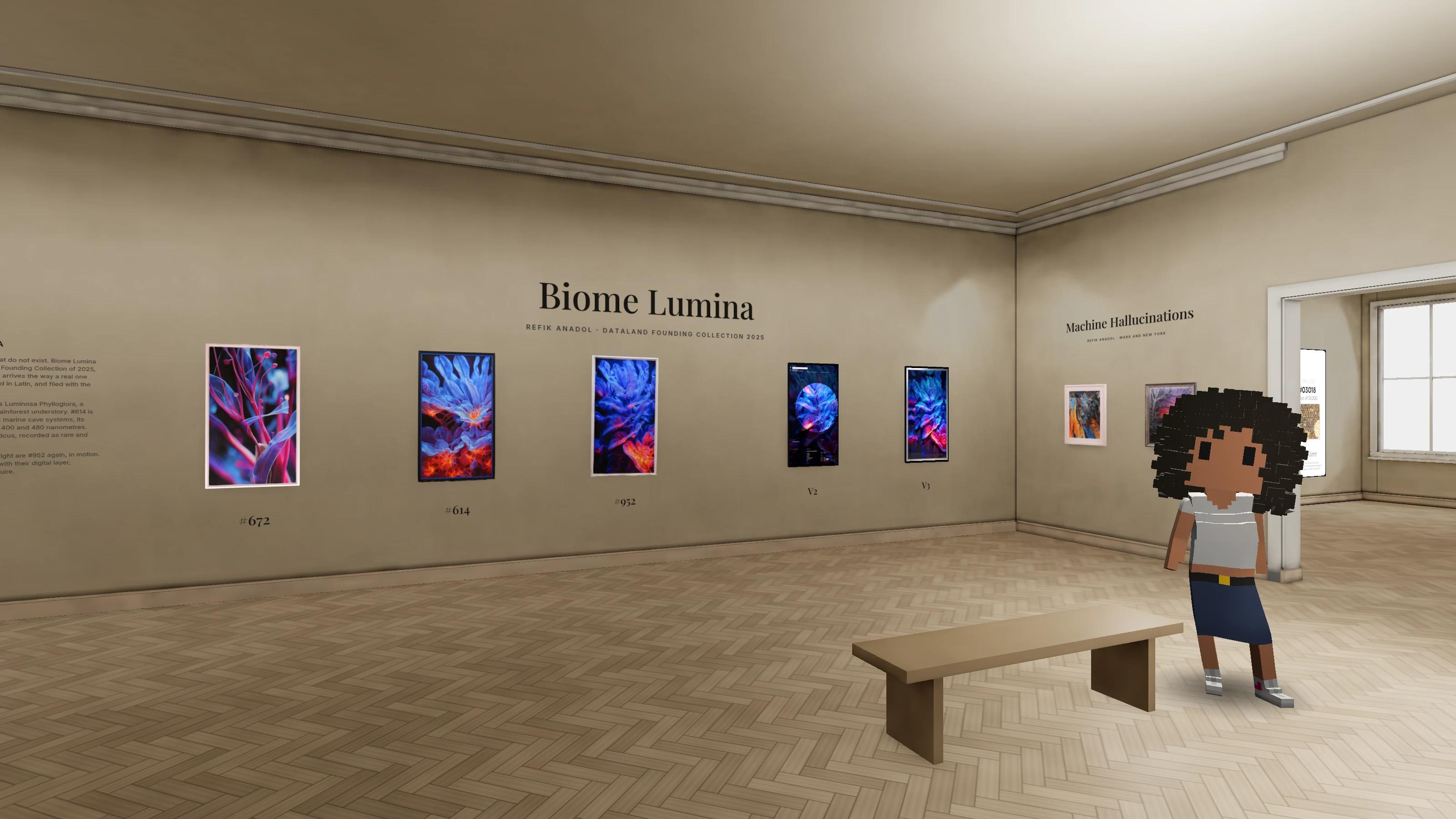 Midl, the gallery's avatar gallerist, standing beside an oak bench in the main room of the 3D gallery, with the Biome Lumina wall behind her and Machine Hallucinations on the side wall.