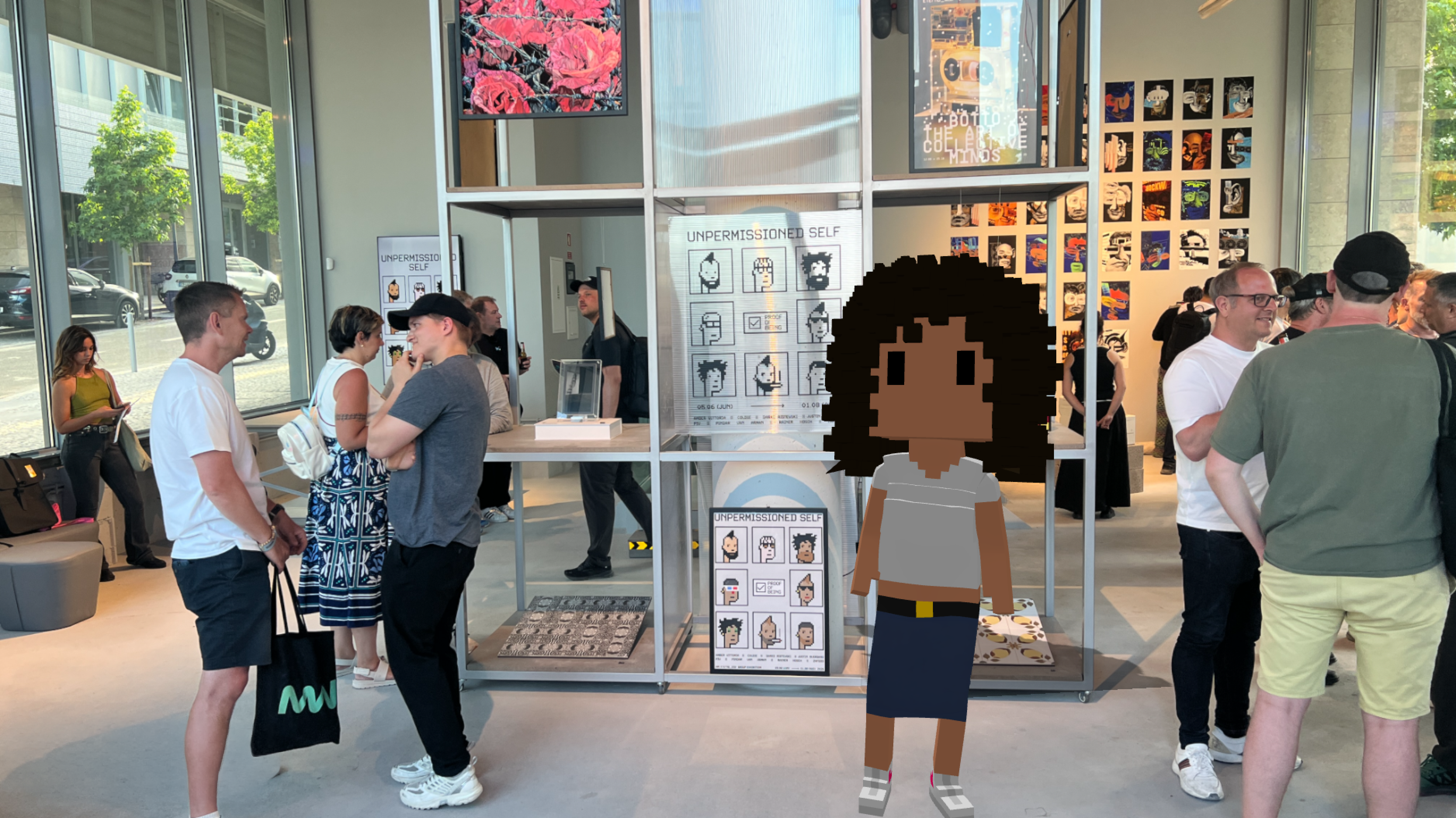 Midl at Eterno Gallery beside Coldie's interactive touchscreen work in Unpermissioned Self: Proof of Being.