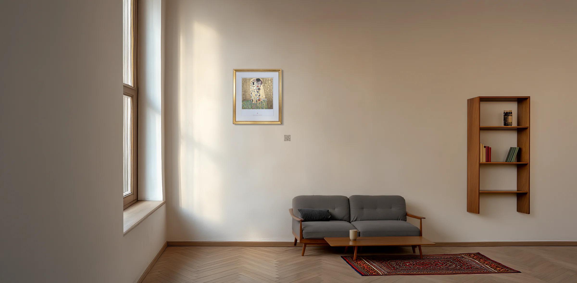 Gustav Klimt The Kiss installed in a warm room — leasing hero