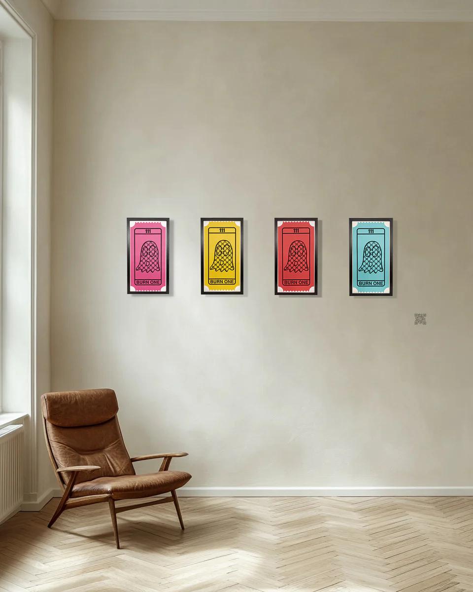 GucciGhost works shown together on a clean room wall