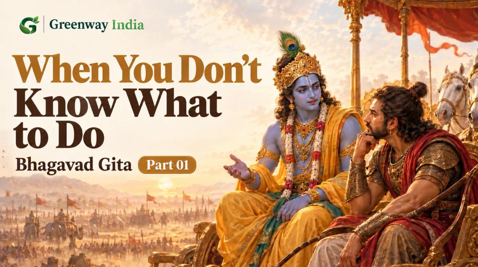 Illustration of Krishna speaking with a contemplative Arjuna on a chariot at Kurukshetra.