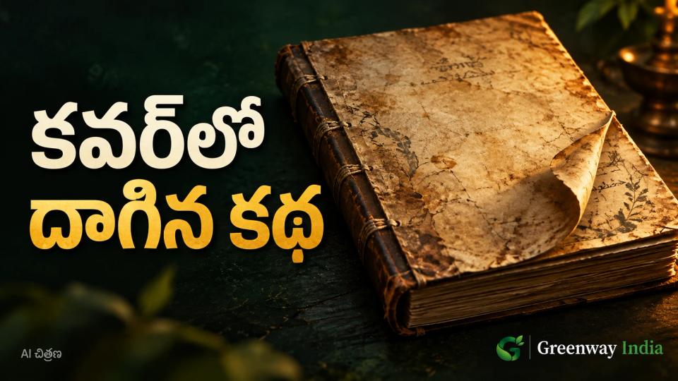 పాత పుస్తకం కవర్పై మడతపడిన పార్చ్మెంట్, చేతిరాతను సూచించే AI చిత్రణ; పక్కన కవర్లో దాగిన కథ శీర్షిక.