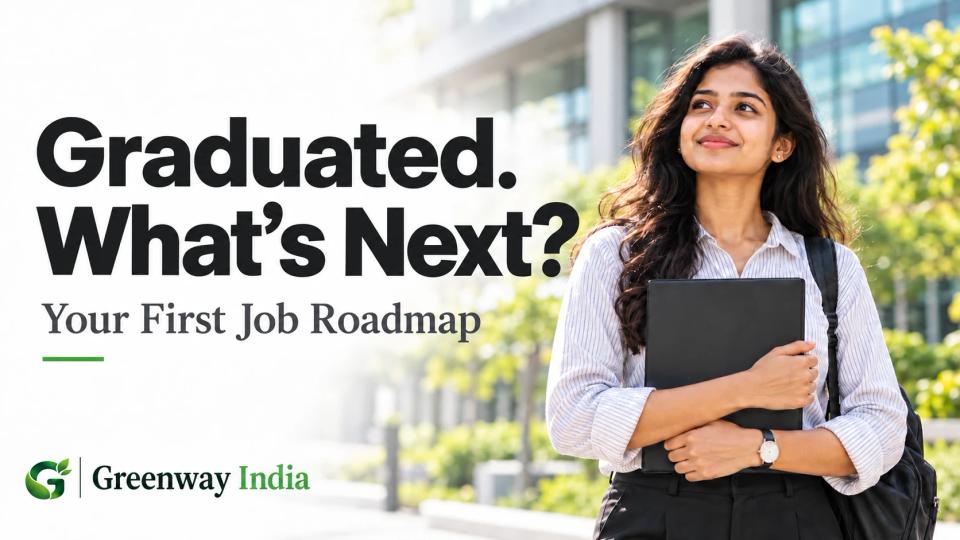 A young Indian graduate holding a degree folder outside a modern office, illustrating preparation for a first job.