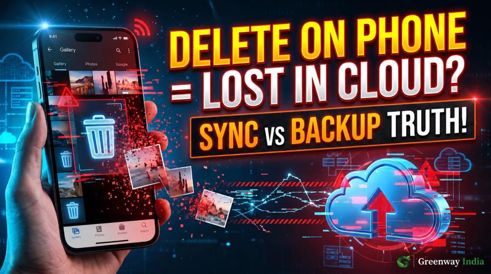 Illustration of photo deletion on a phone and cloud sync.