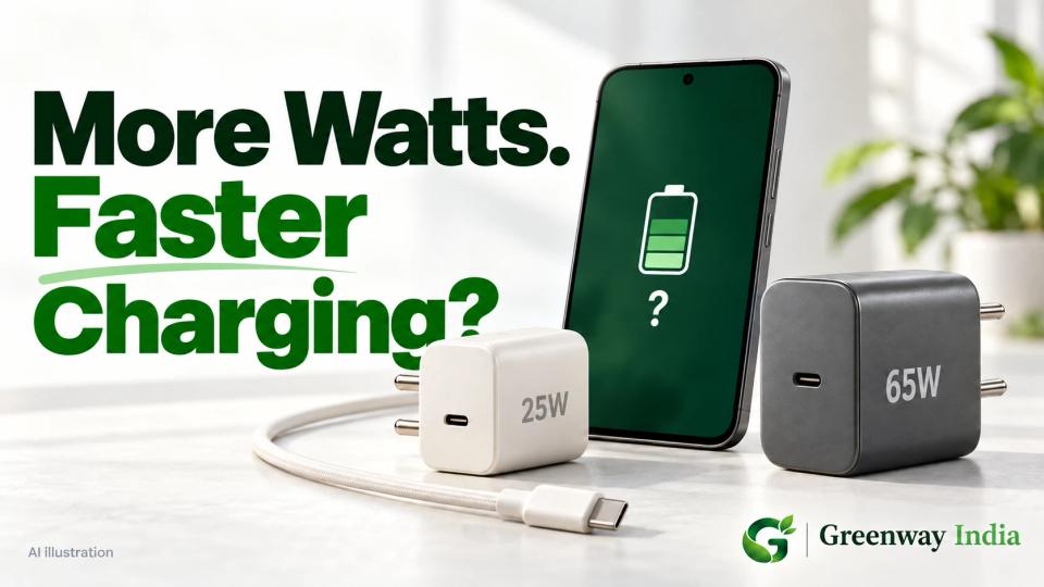 AI illustration of two generic chargers labelled 25W and 65W, a phone with a battery symbol and question mark, and a USB-C cable.