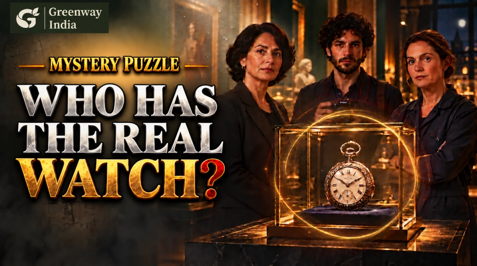 An antique pocket watch in a glass museum display with three fictional suspects and the headline Who Has the Real Watch?