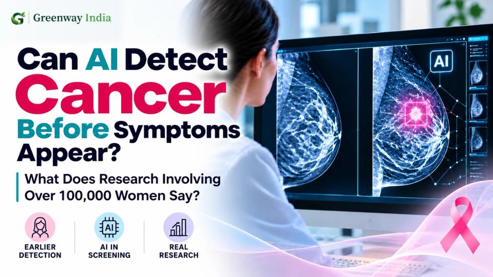 Conceptual illustration of AI-assisted mammography screening with a clinician reviewing breast scans on a medical monitor.
