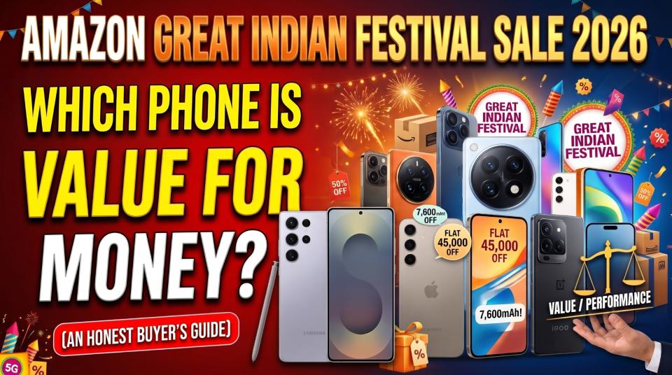 Amazon Great Indian Festival Sale 2026 value-for-money phone comparison image featuring various smartphones, offer symbols, and festive decorations.