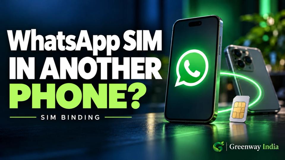 A phone displaying the WhatsApp symbol, a second phone and a SIM card connected by a green light trail.