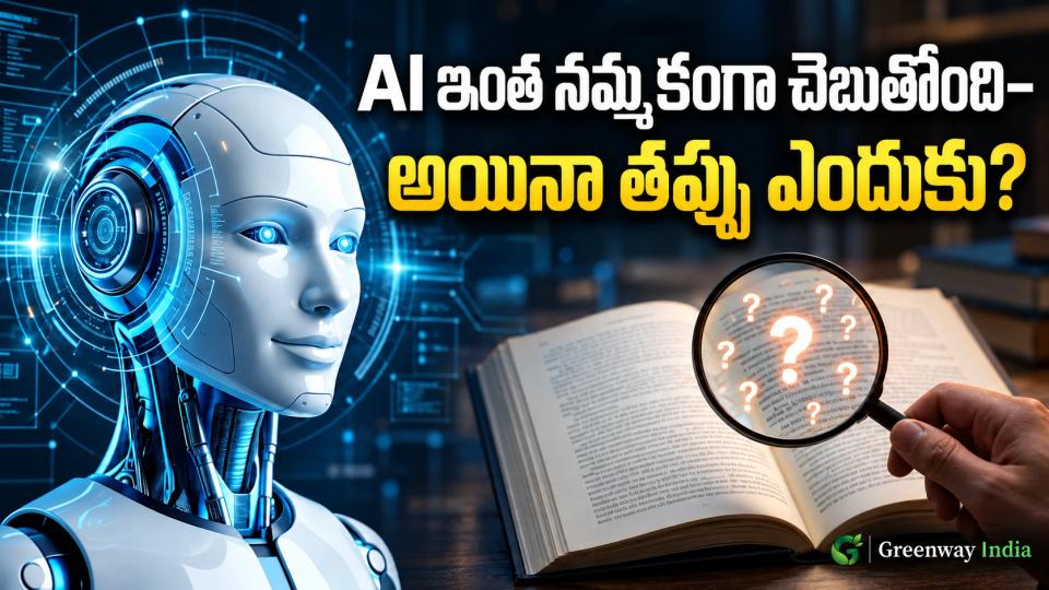 తెరిచిన పుస్తకం పక్కన AI రోబోట్; పుస్తకంపై ఉంచిన భూతద్దంలో కనిపిస్తున్న ప్రశ్నార్థక గుర్తులు.
