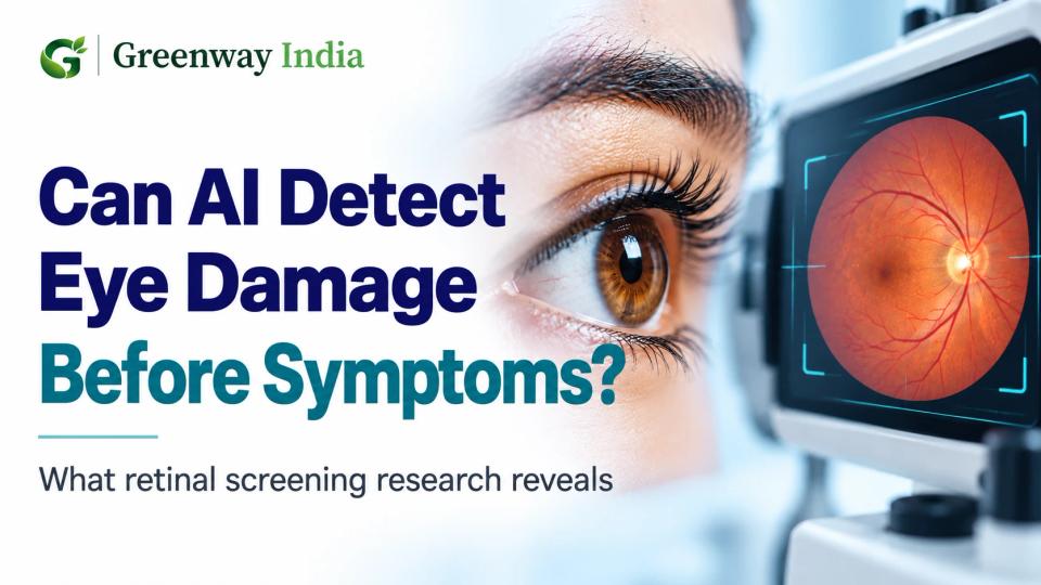Conceptual medical illustration of an AI system reviewing retinal photographs for diabetic retinopathy screening.