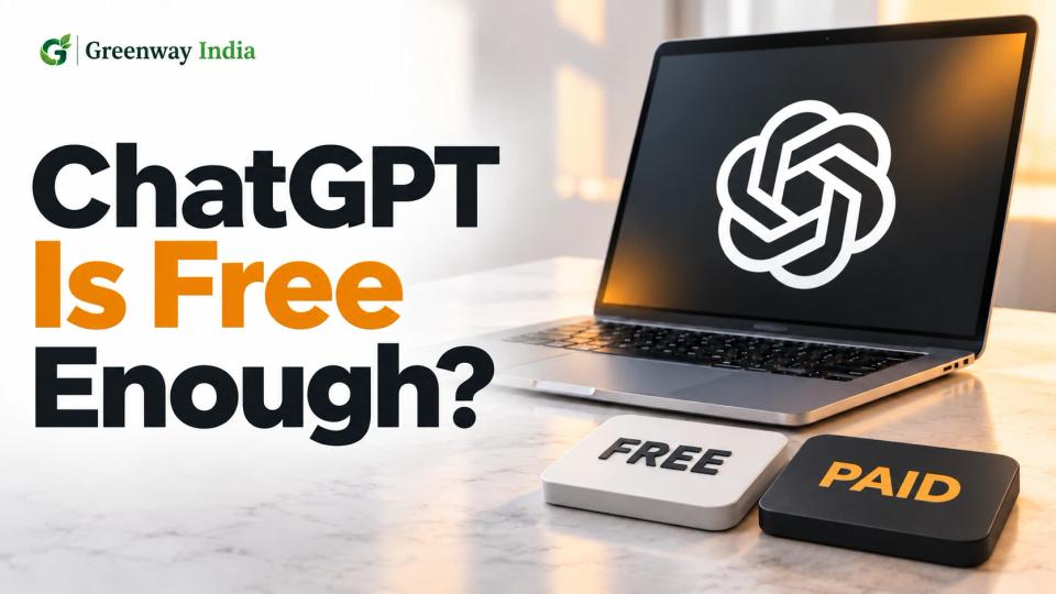 Laptop displaying the ChatGPT logo beside Free and Paid tiles.