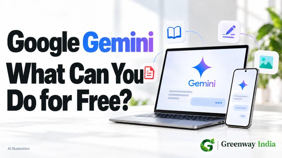 Laptop and phone displaying Gemini symbols, surrounded by icons for learning, writing, documents and image creation.