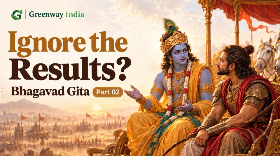 Krishna explaining a teaching to an attentive Arjuna on a chariot, beside the headline Ignore the Results?