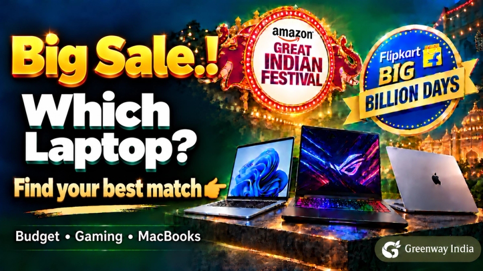 Big Sale.! Which Laptop? Three laptops with Amazon and Flipkart sale badges and Budget, Gaming, MacBooks labels.