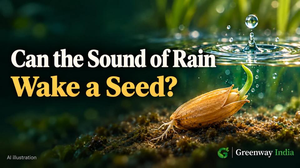 AI illustration of a green sprout peeking from a rice husk beneath a raindrop splash and ripples.
